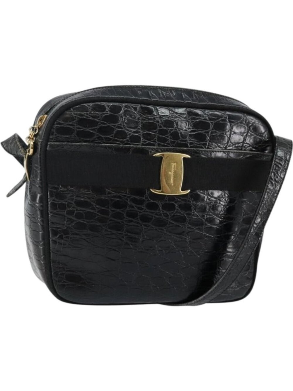 Salvatore Ferragamo Vala Shoulder Bag Leather Embossed Black Gold